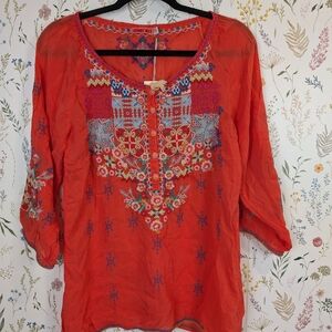 Johnny Was Muna Sunrise Orange Embroidered V-Neck Tunic Top Size XS